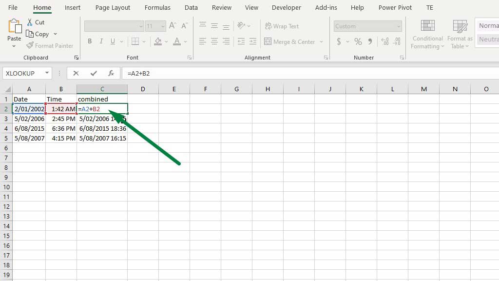 Method#2 Combining date and time in excel by using the plus (+) operator